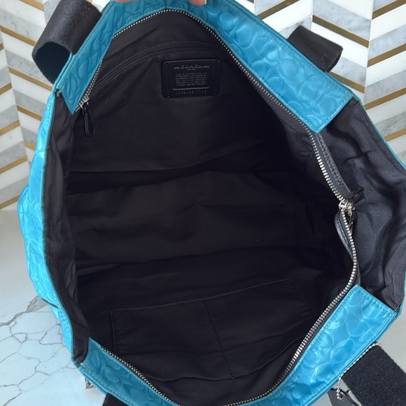 COACH Court Tote Bag Signature C Nylon Pebbled Leather With Patch Blue Black - Picture 9 of 16